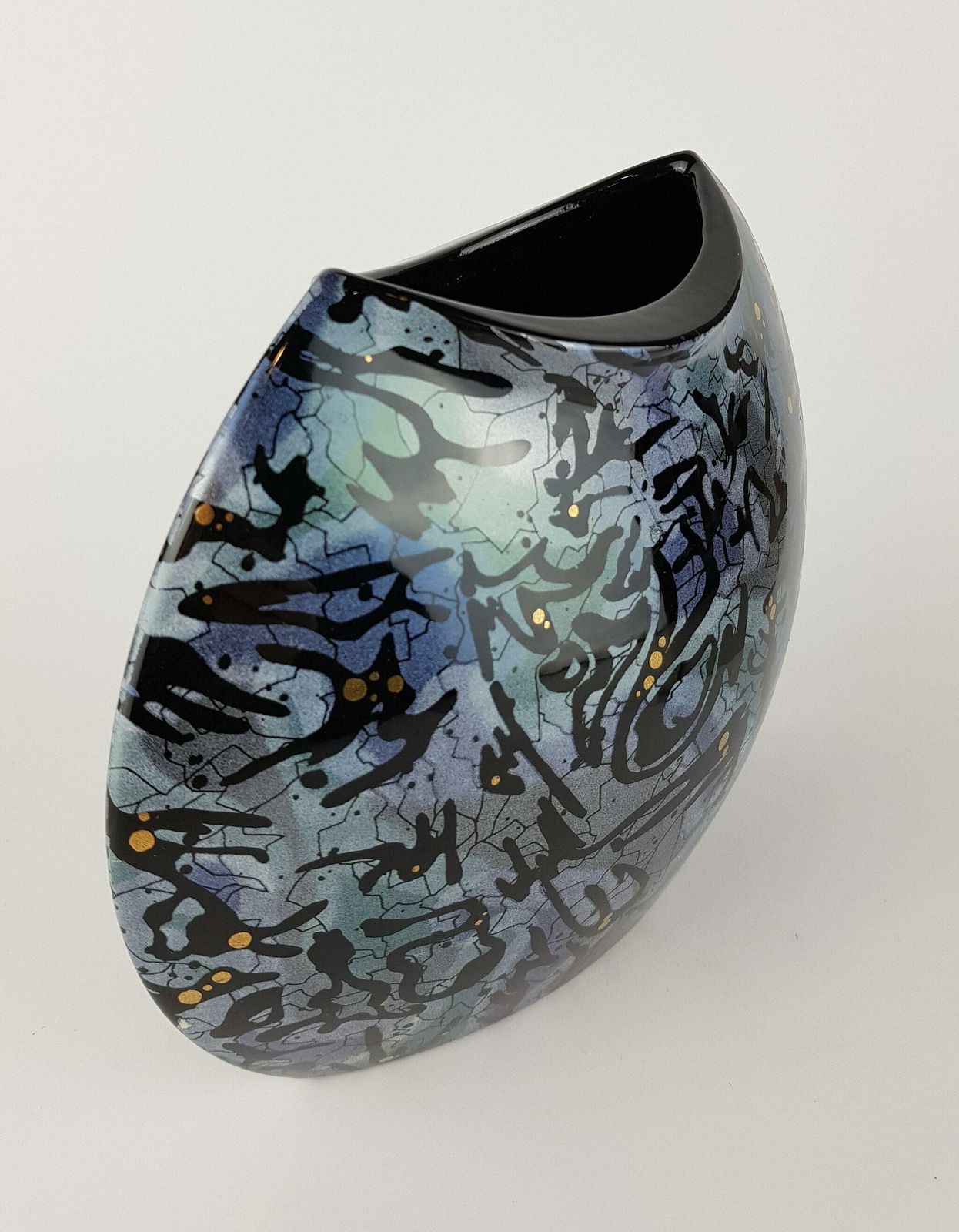 Vintage Xl Steuler Keramik Blue And Green Fish Mouth Vase West German Pottery 1980s photo Home Decor