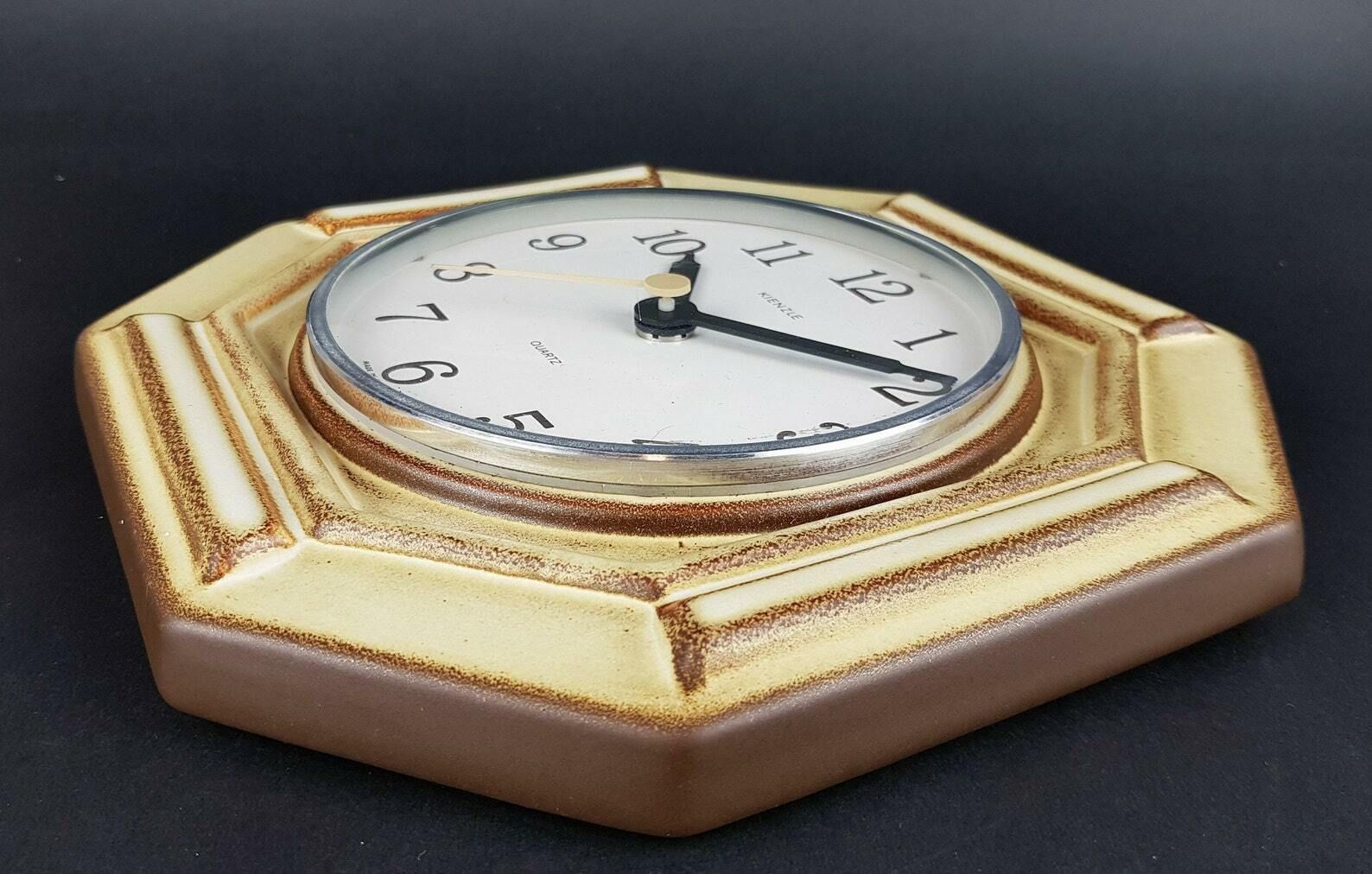 Vintage Kienzle Quartz Beige And Brown Hexagon Ceramic Kitchen Clock West German Pottery 1970s photo vinterior