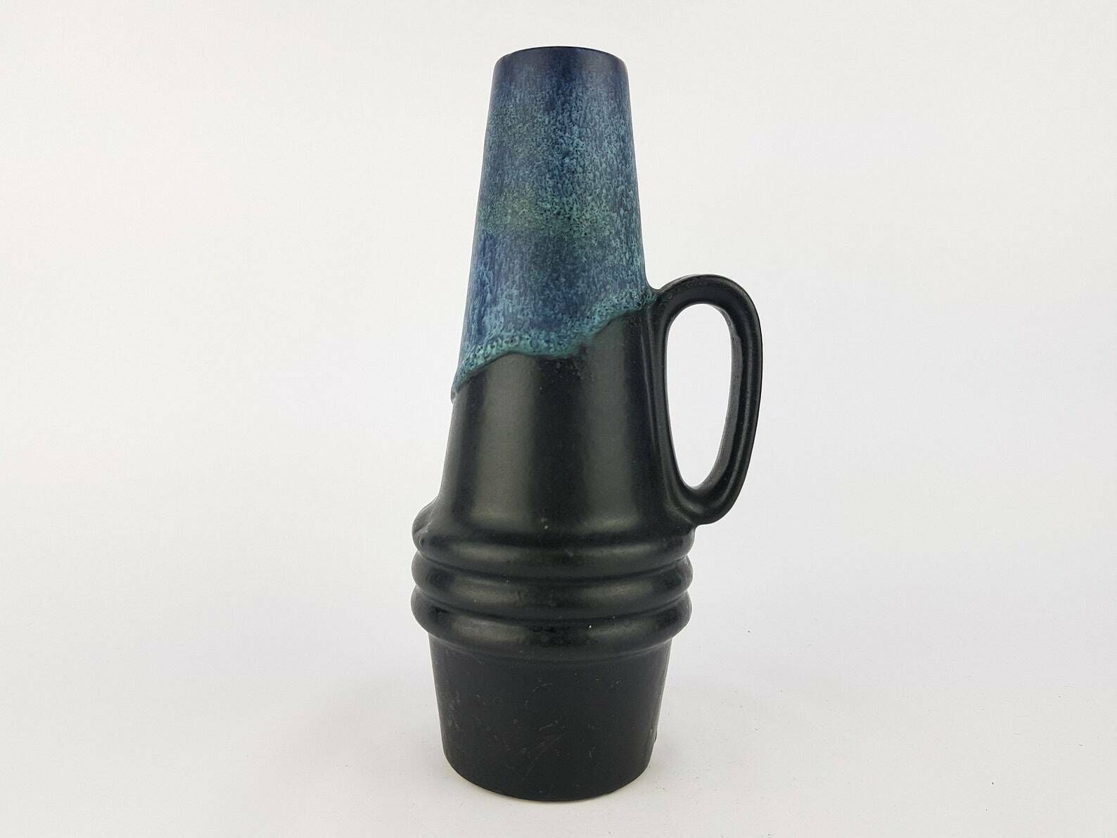 Vintage Scheurich Keramik Black Vase With Blue Dripped Glaze 400 22 West German Pottery 1970s