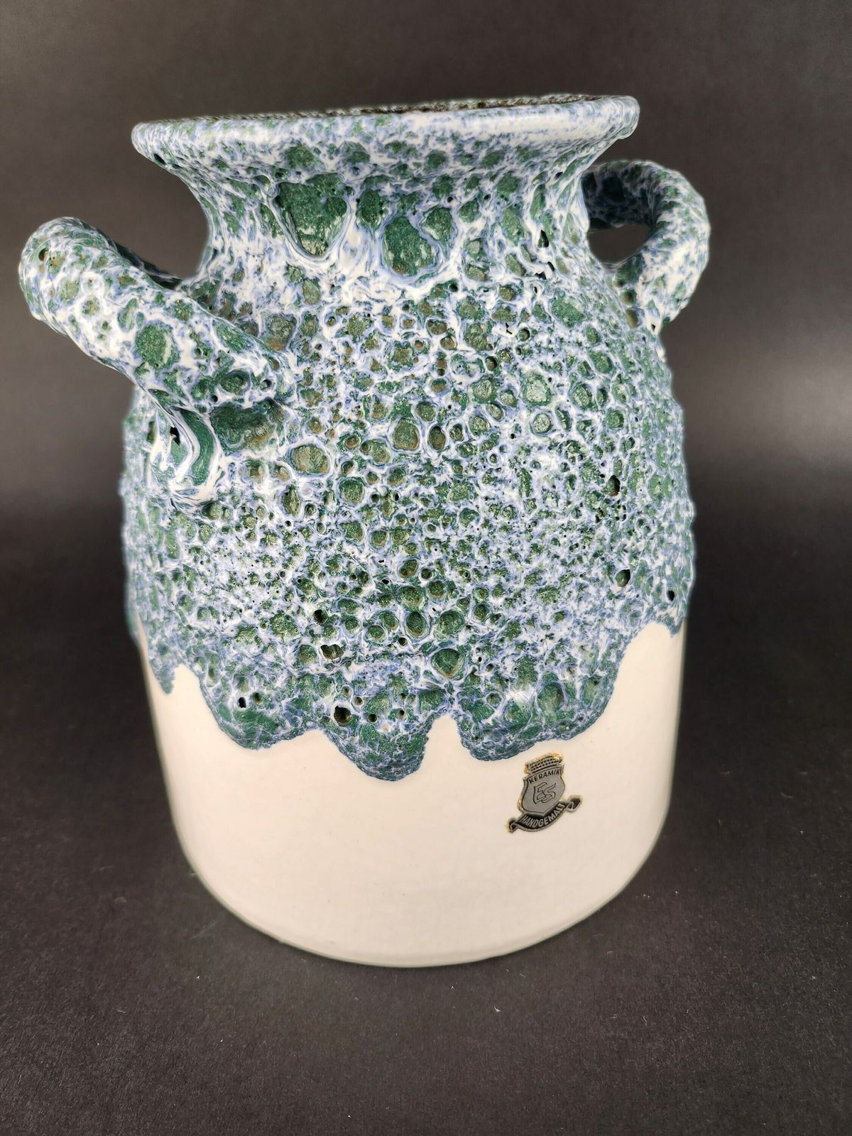 Vintage Es (Emons Und Sohne) Keramik White With Green And Blue Fat Lava Vase West German Pottery 1970s photo Home Decor