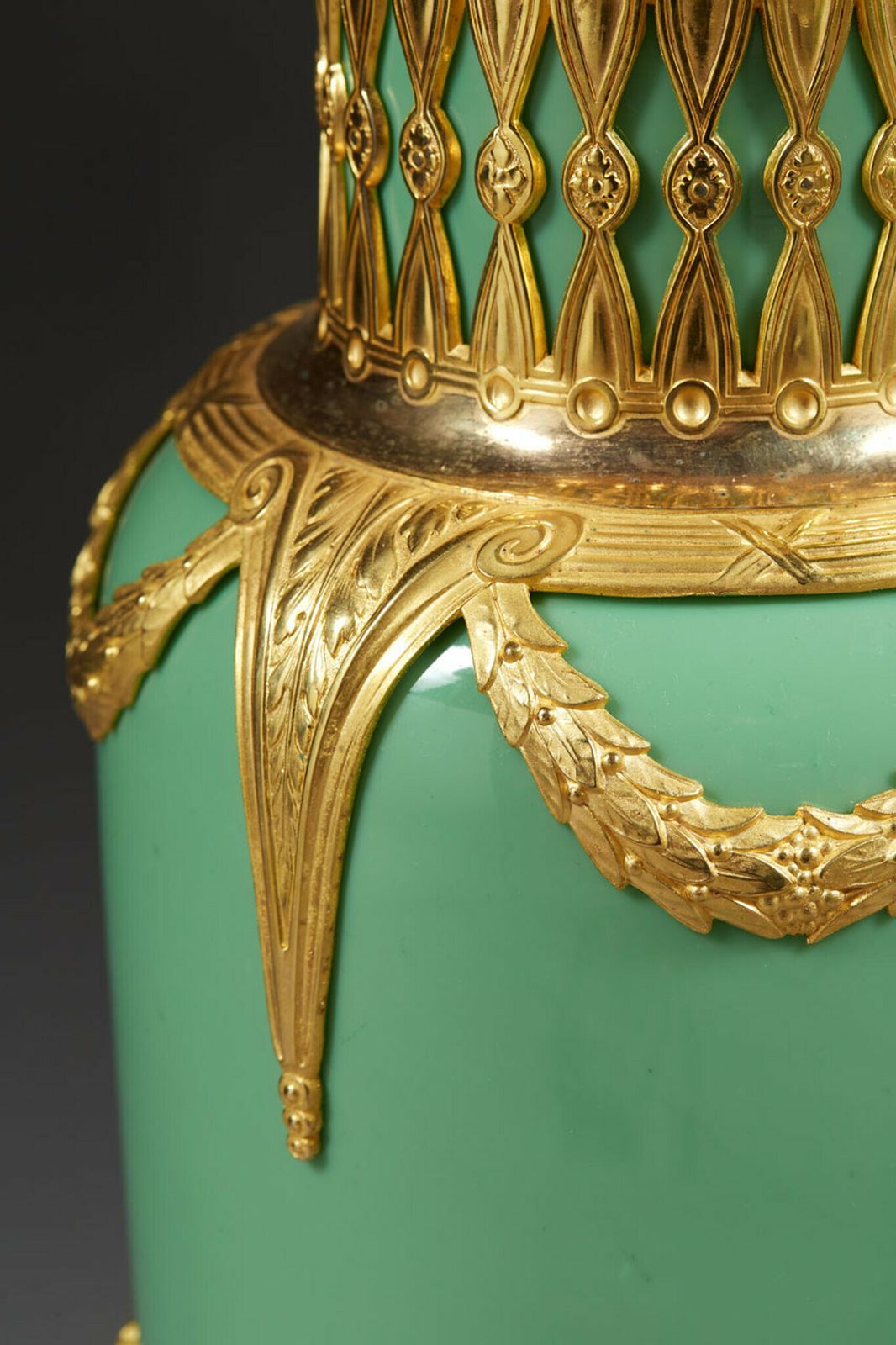 Pair Of Late 19th Century Jade Green Opaline And Gilded Brass Vases photo buy