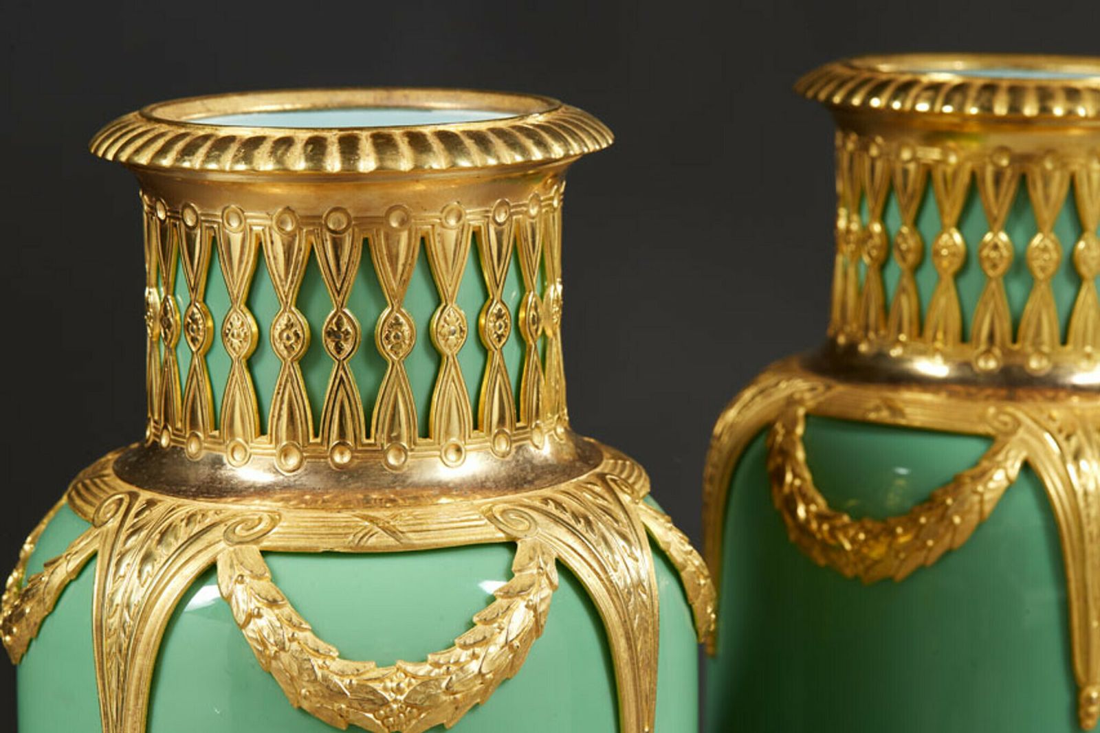 Home Decor Pair Of Late 19th Century Jade Green Opaline And Gilded Brass Vases photo
