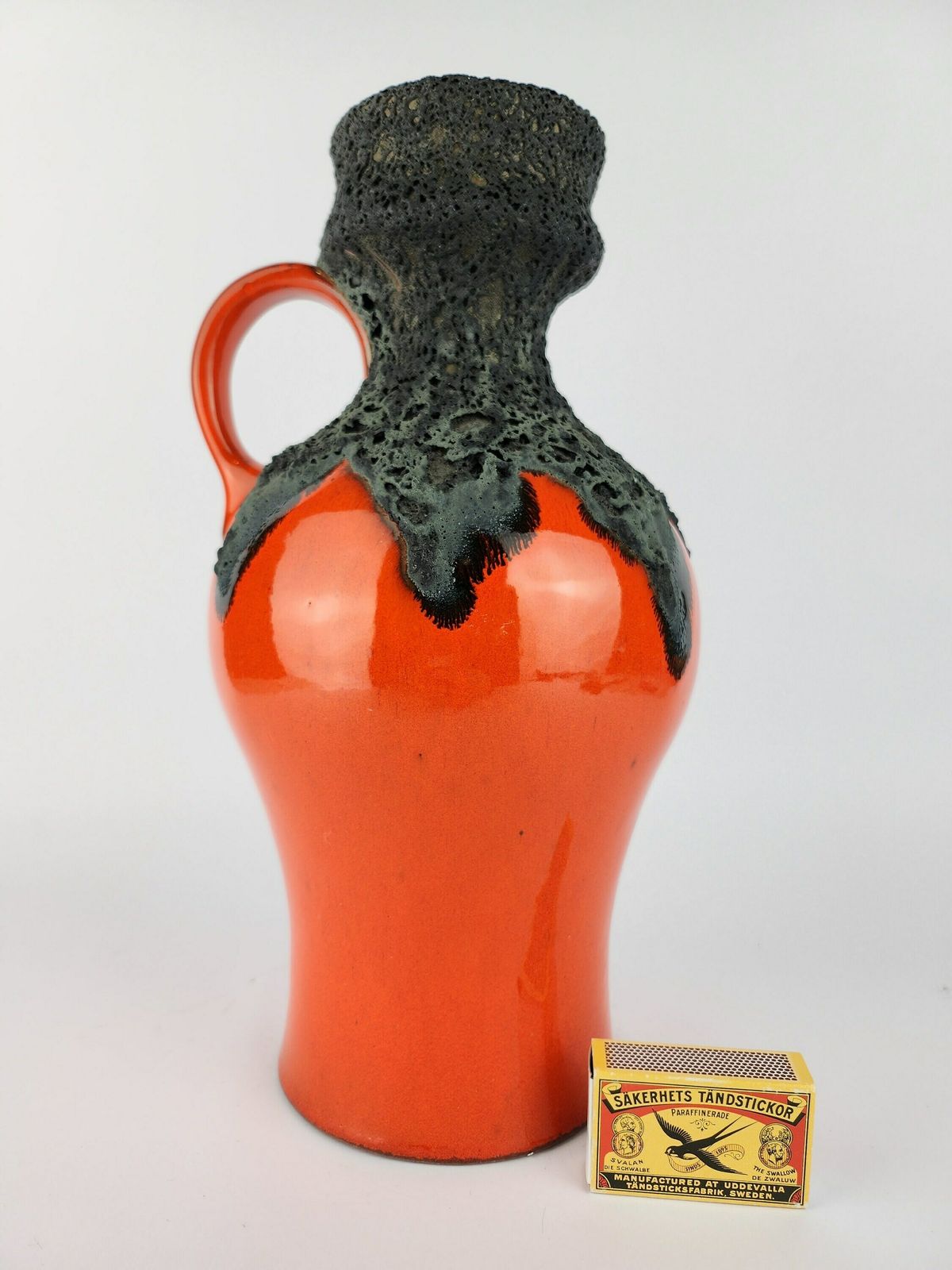 Vintage Roth Keramik Orange Vase With Black Fat Lava Glaze 107 30, West German Pottery 1970s photo furniture