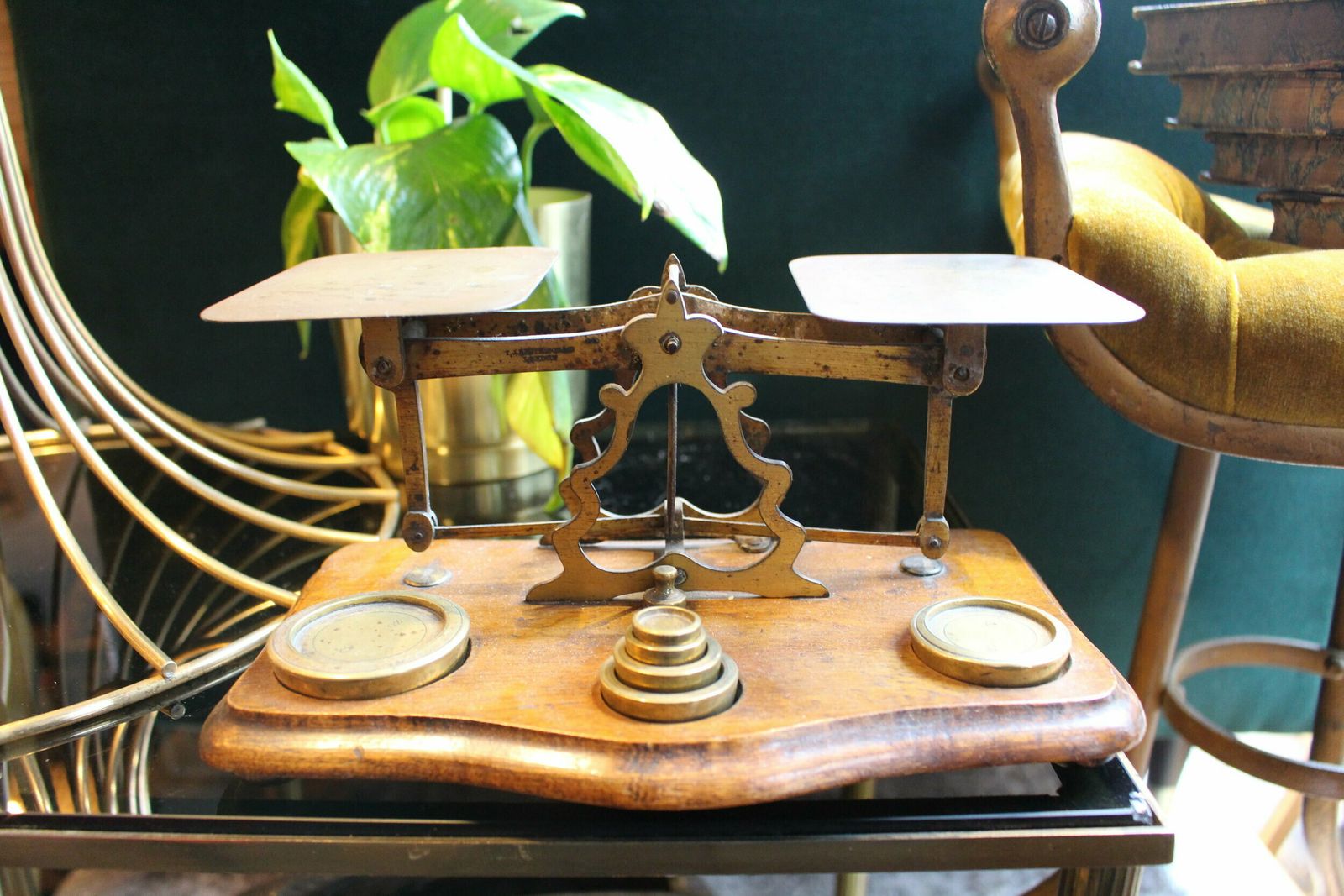 Antique Vintage Brass & Wood Base Letter Scales & Weights