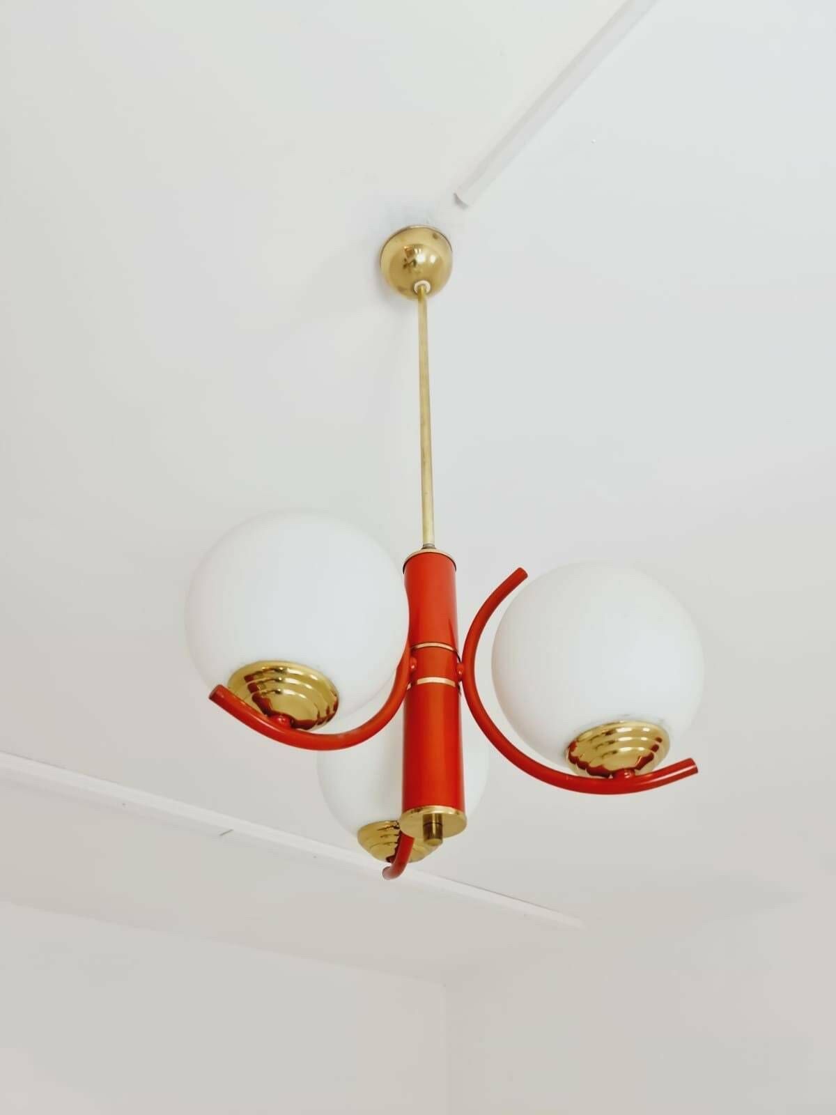 Space Age Ceiling Lamp/ Pendant Lamp By Richard Essig Sputnik Atom, Red And White 1970s photo Lighting