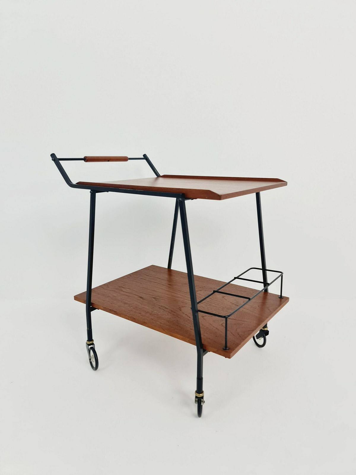 Vintage German Mid Century Trolley Bar Cart In Teak & Metal, 1960s photo vintage