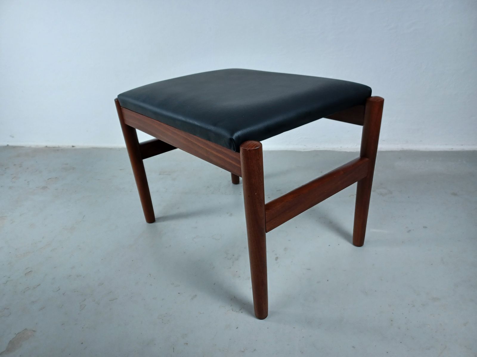 Restored Danish Teak Footstool Reupholstered In Black Leather 1960's photo for sale
