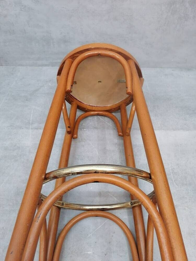 Bentwood Bar Stool In Red Leather Color From Thonet. 1970s photo vinterior