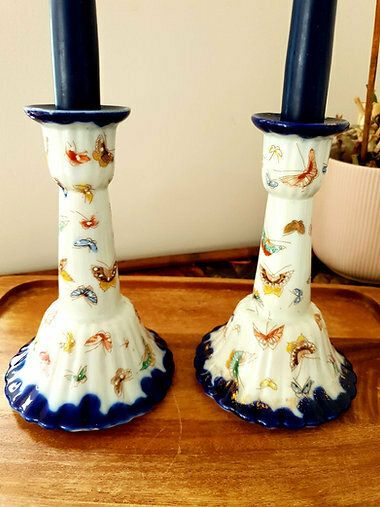 Very Rare Pair Of Antique Bone China  Butterfly Candle Holders photo 129.0