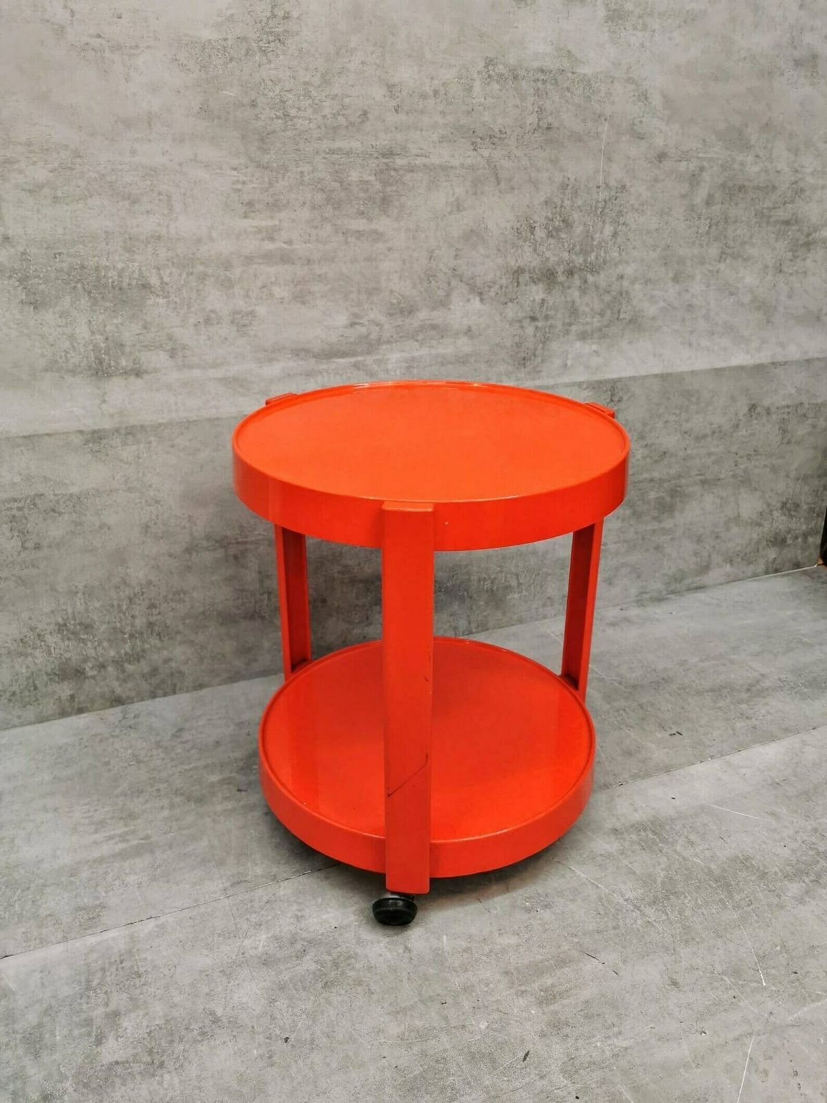 Mid Century Orange Plastic And Metal Chrome Round Italian Bar Cart 1950s photo for sale