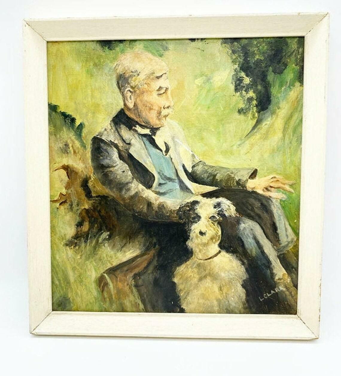 Vintage 1930s Small Portrait Of A Man With Dog Signed Oil On Board photo furniture