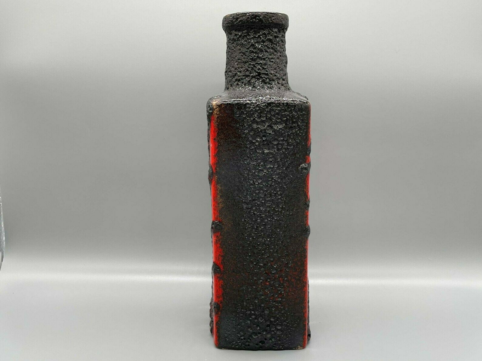 Roth Ceramic Square Bottle Vase Fat Lava Red Black Germany 1970s photo vinterior