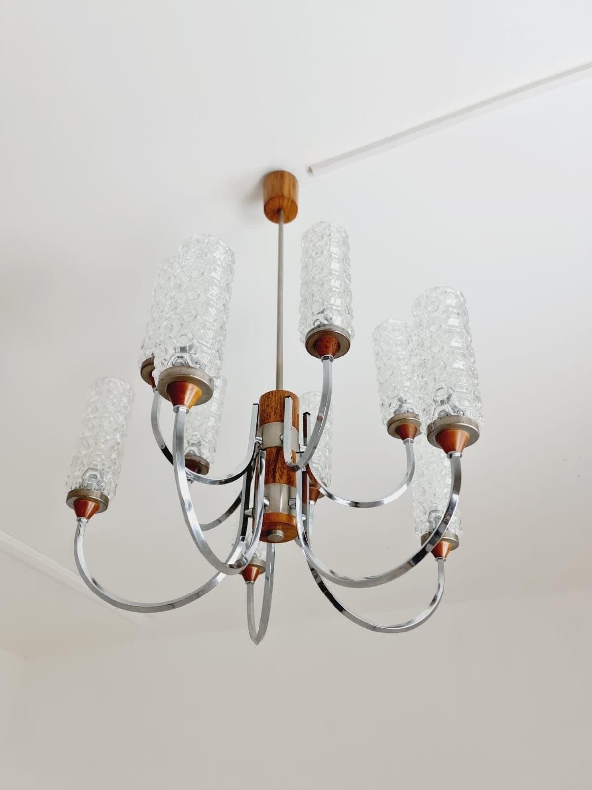 Rare Vintage Scandinavian Chrome, Rosewood & Crystal Pendant Lamp, 1960s photo 700.0