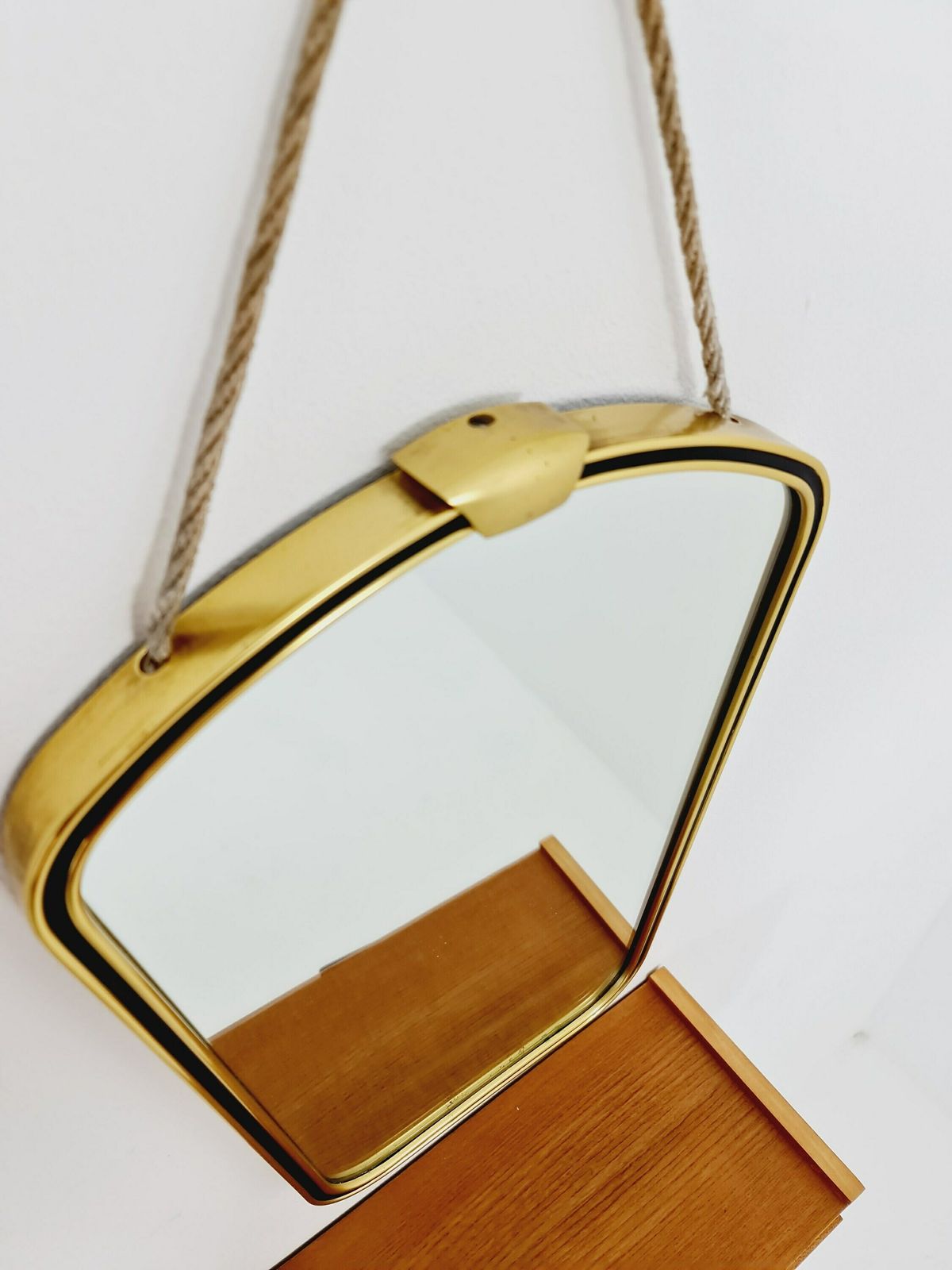 Mid Century Asymmetric German Brass Original Kidney Wall Mirror With Shelf From The 60s Model Rockabilly photo 345.0