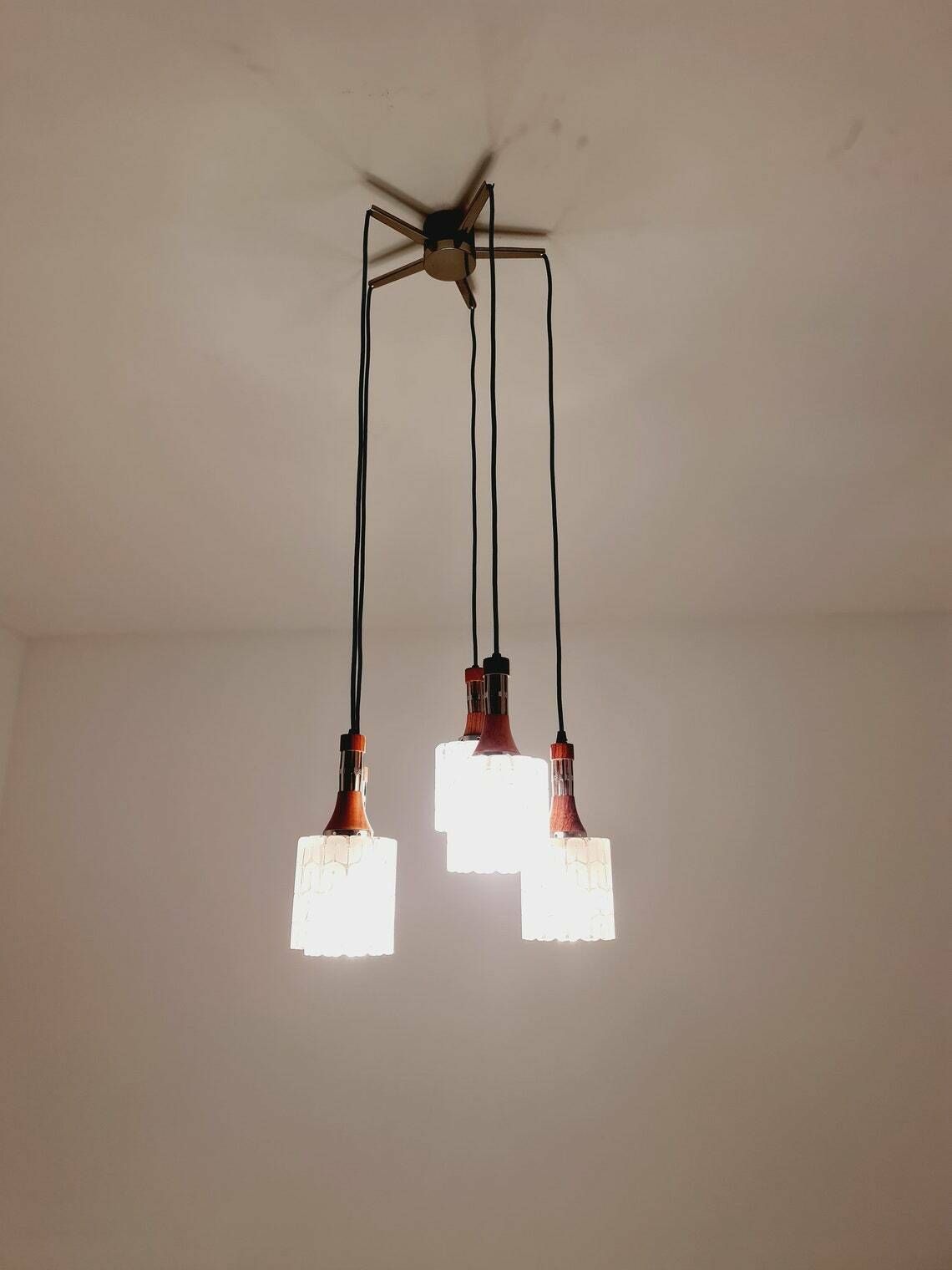 Rosewood And Glass Pendant Lamp, Doria Light Fixture, With Five Murano Textured Glass Tube Pendants, 1970s photo furniture