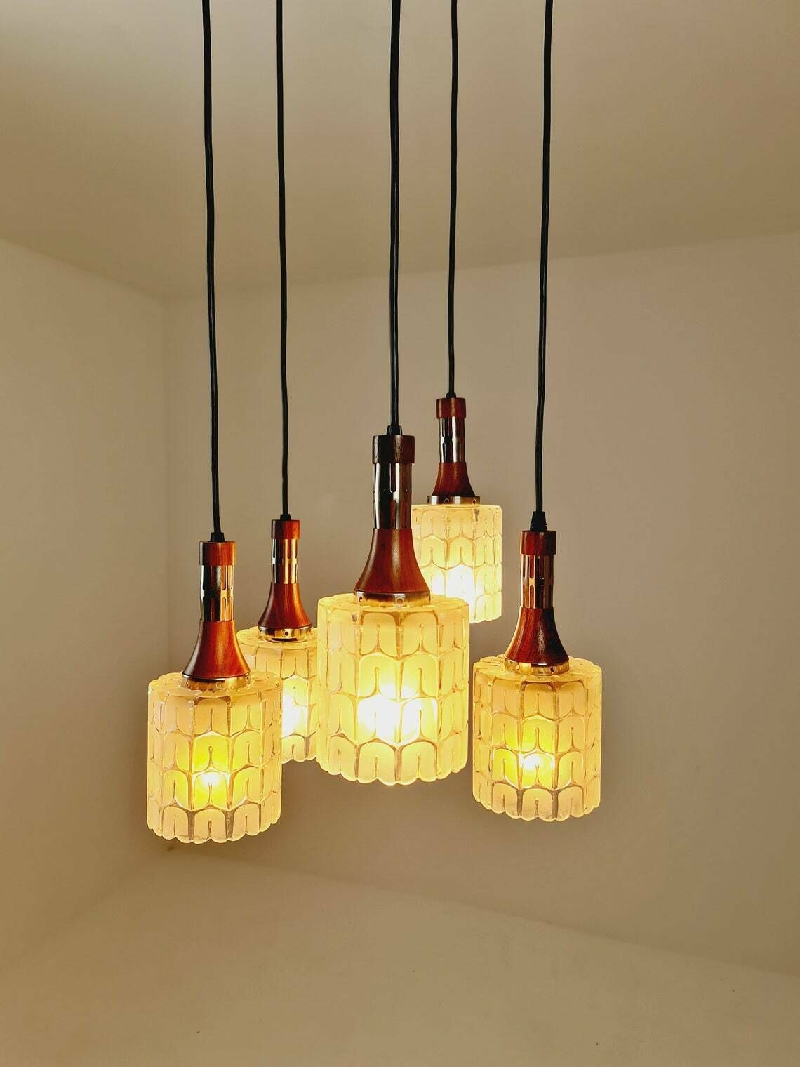 Rosewood And Glass Pendant Lamp, Doria Light Fixture, With Five Murano Textured Glass Tube Pendants, 1970s photo vintage