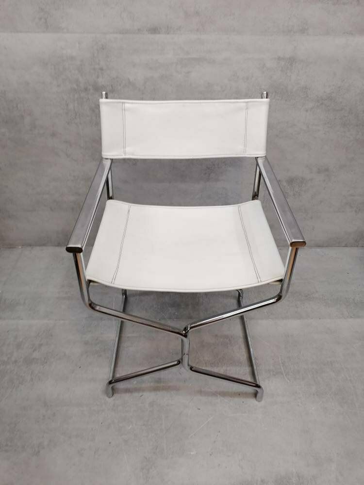 Mid Century Modern Arrben Director's Chair In Chrome And White Leather 1980s photo for sale