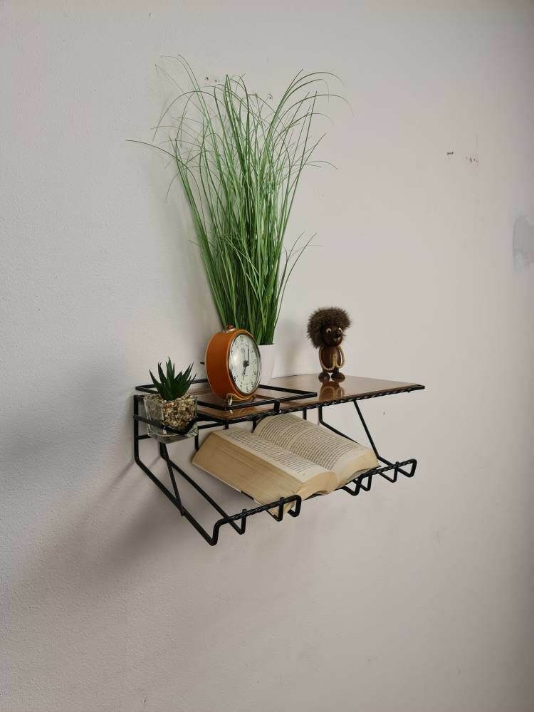photo furniture Scandinavian Metal & Formica Hanging Shelf/ Bedside Table/ Nightstand From The 60s