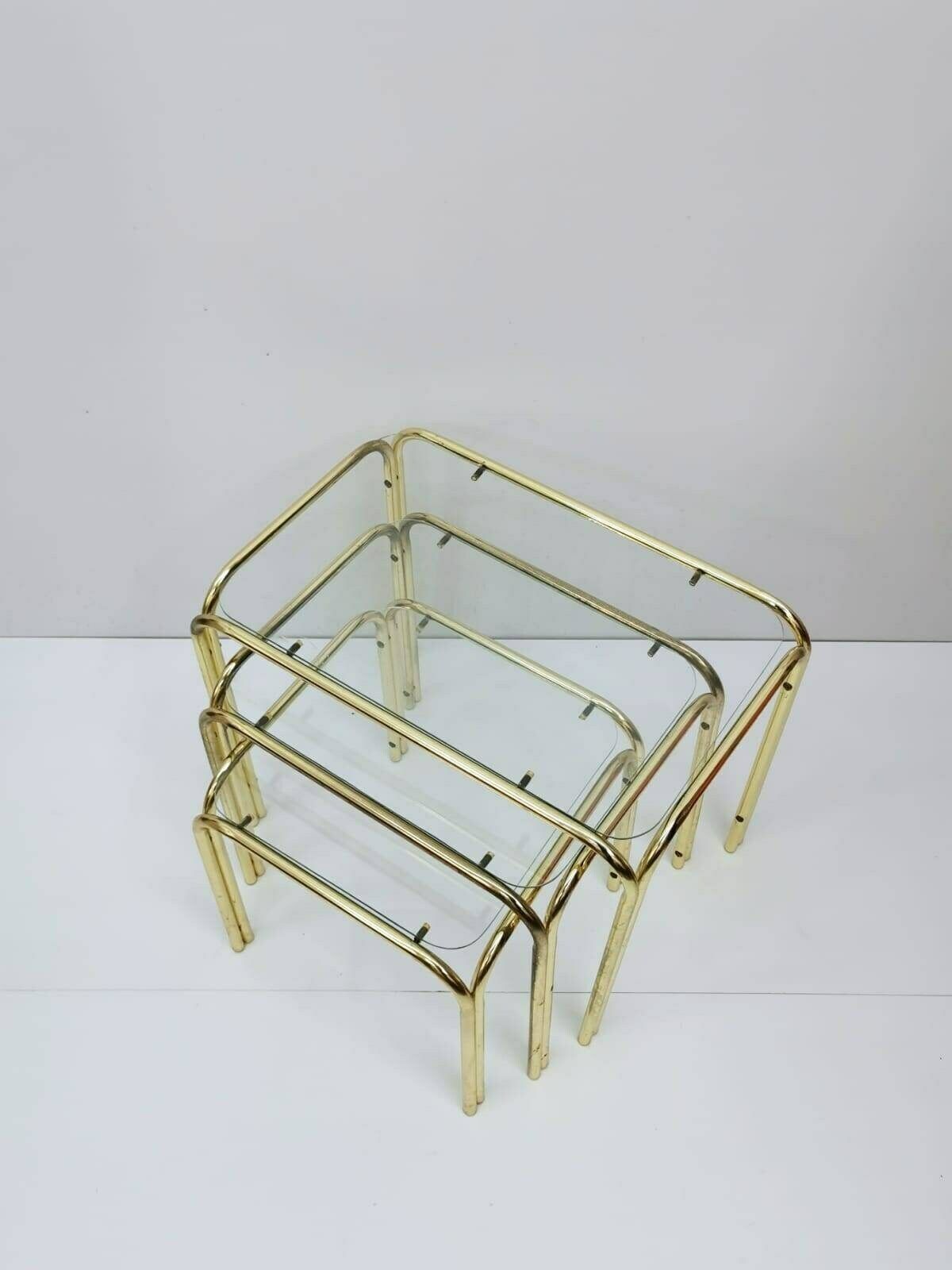 Set Of 3 Mid Century Modern Gold Brass And Smoked Glass Stand Table Set, Living Room Organiser, Or Flower Table 1960s photo furniture