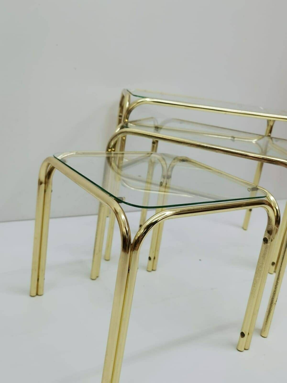 Set Of 3 Mid Century Modern Gold Brass And Smoked Glass Stand Table Set, Living Room Organiser, Or Flower Table 1960s photo vinterior