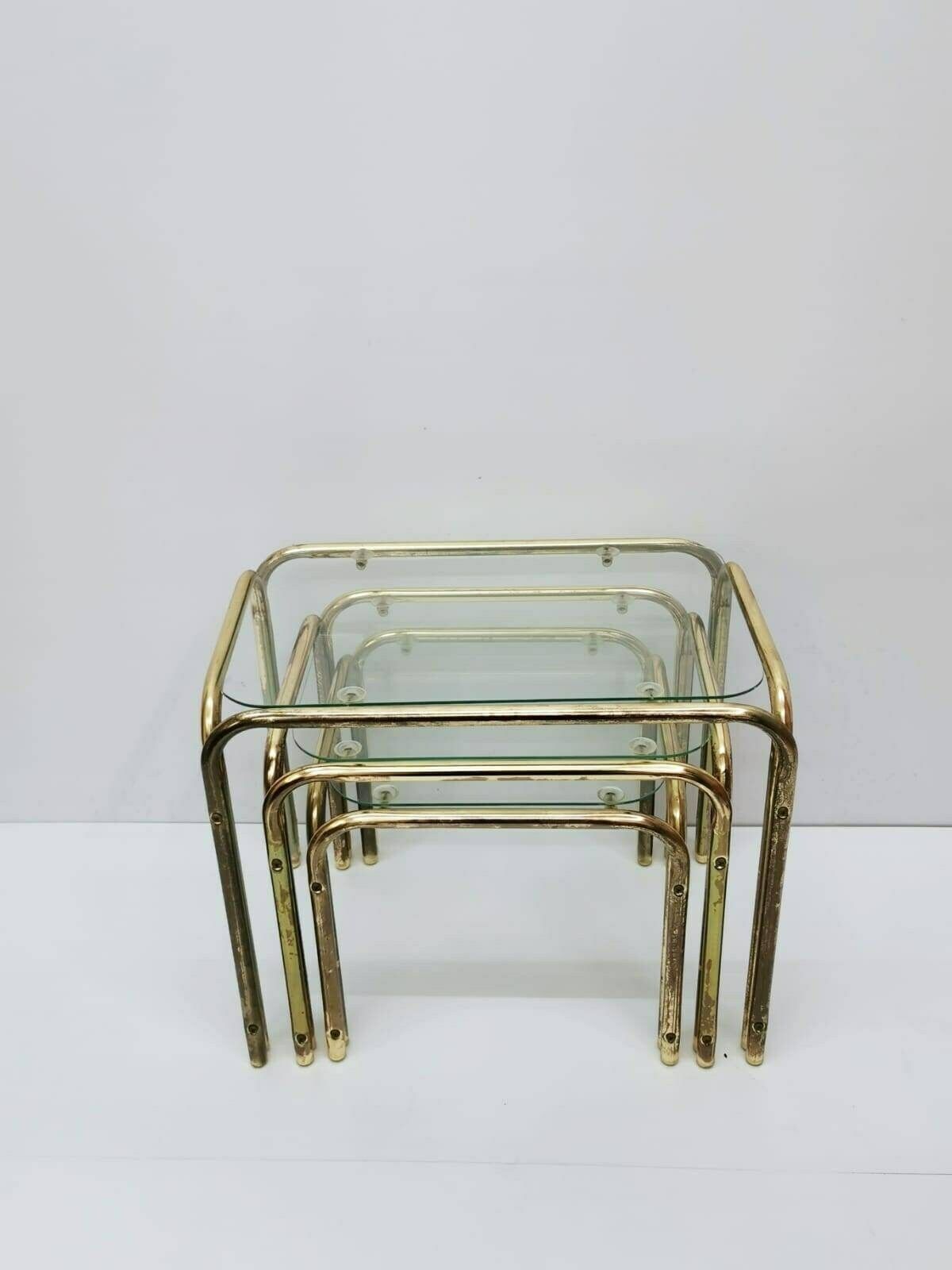 photo for sale Set Of 3 Mid Century Modern Gold Brass And Smoked Glass Stand Table Set, Living Room Organiser, Or Flower Table 1960s