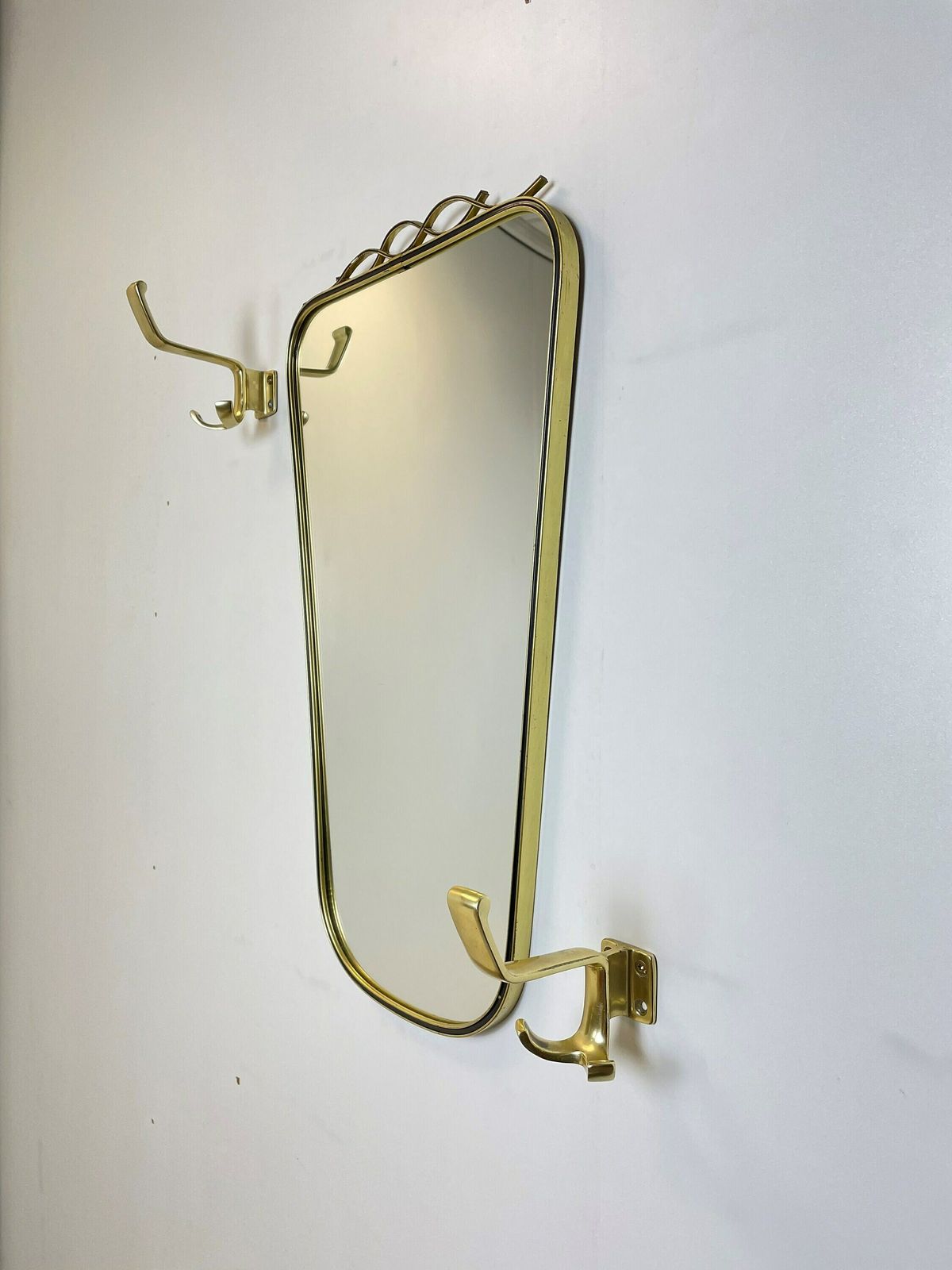 Mid Century Asymmetric German Brass Original Kidney Wall Mirror With 2 Brass Hangers, 1960s