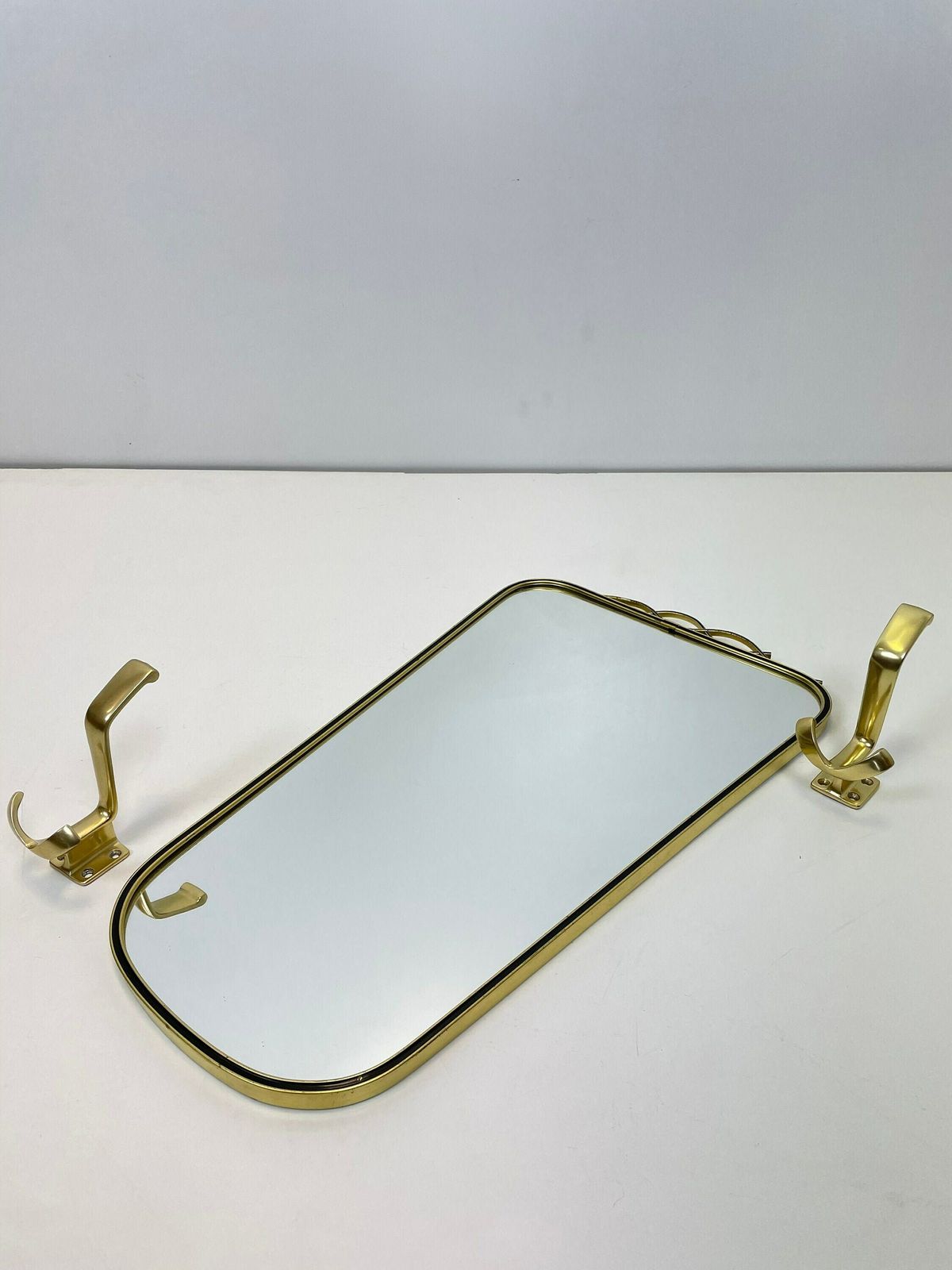 Mid Century Asymmetric German Brass Original Kidney Wall Mirror With 2 Brass Hangers, 1960s photo furniture