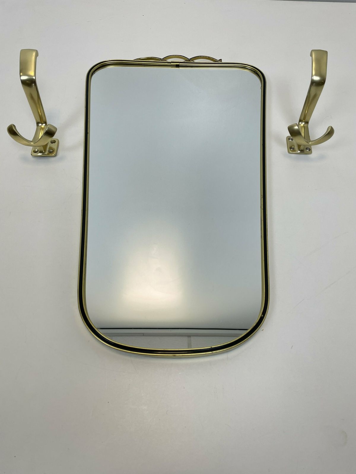 Mid Century Asymmetric German Brass Original Kidney Wall Mirror With 2 Brass Hangers, 1960s photo for sale