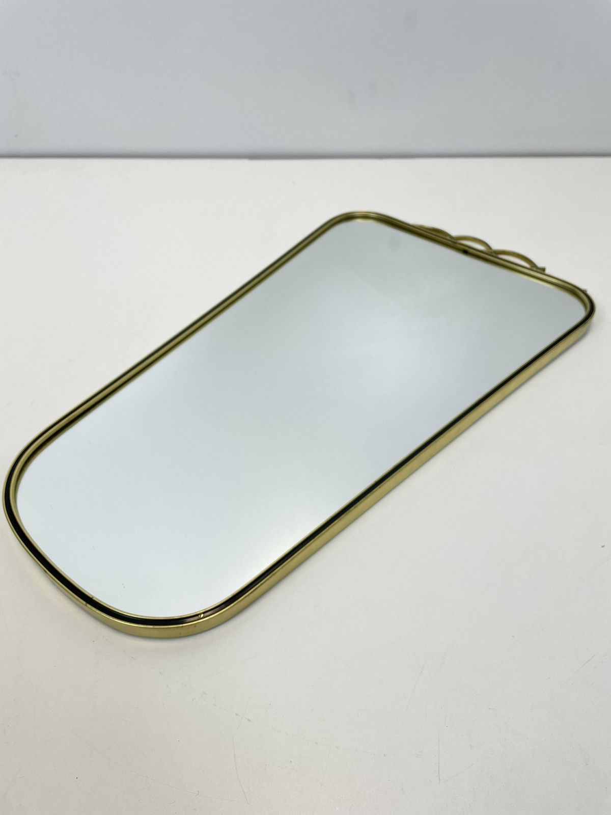 Mid Century Asymmetric German Brass Original Kidney Wall Mirror With 2 Brass Hangers, 1960s photo buy