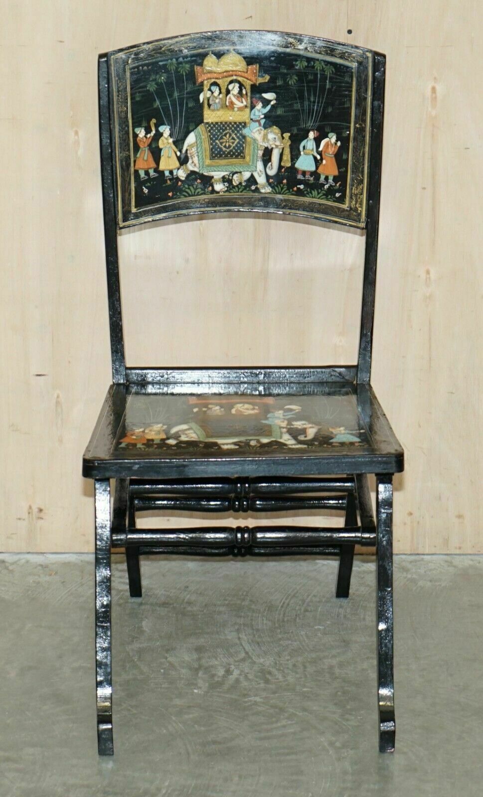 Pair Of Antique Chinese Chinoiserie Indian Decoration Campaign Folding Chairs photo for sale