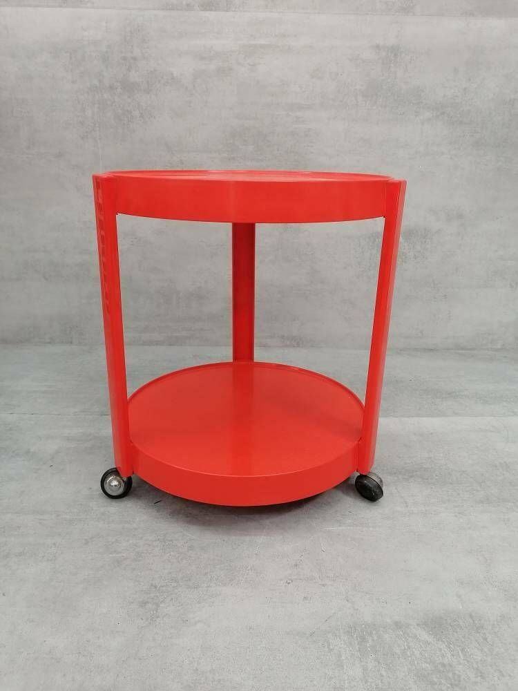Midcentury Orange Plastic And Metal Chrome Round Italian Bar Cart, 1950s photo furniture