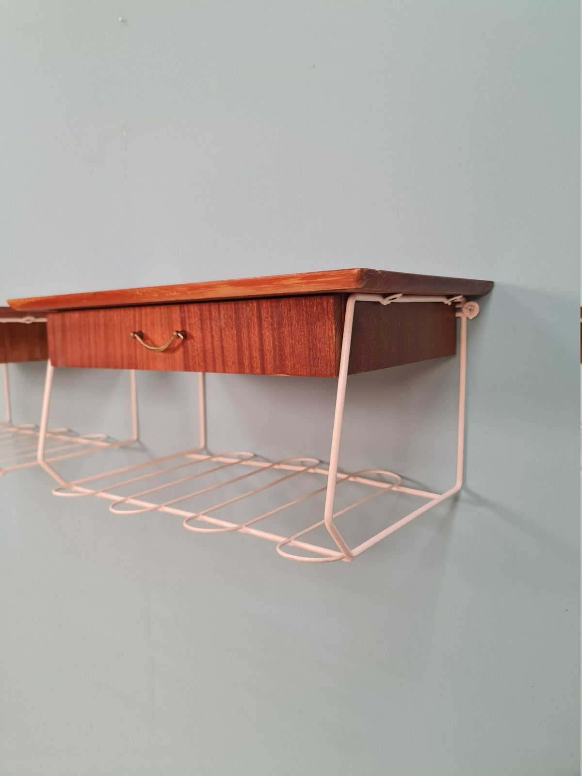 Pair Scandinavian String Mahogany Hanging Telephone Table/ Shelf/ Bedside Table/ Nightstand From The 60s photo vintage
