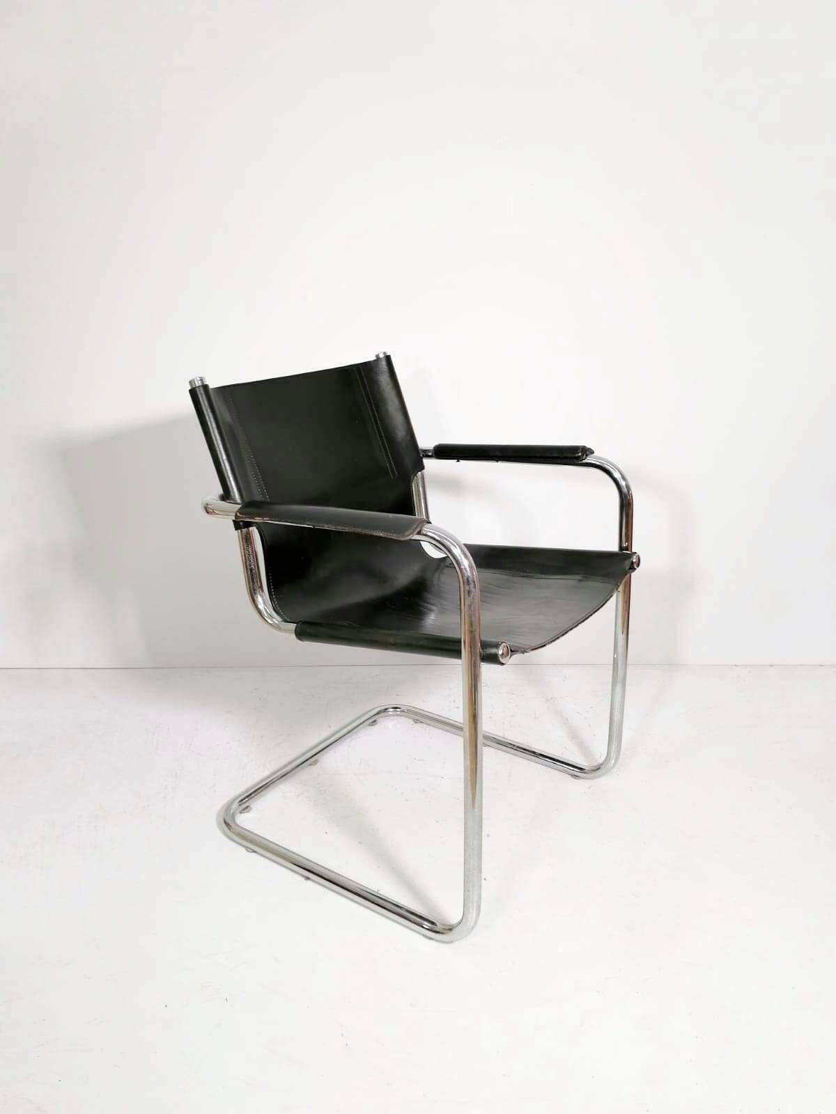 Matteo Grassi Style Visitor Chairs, Made Of Black Leather, 1970s