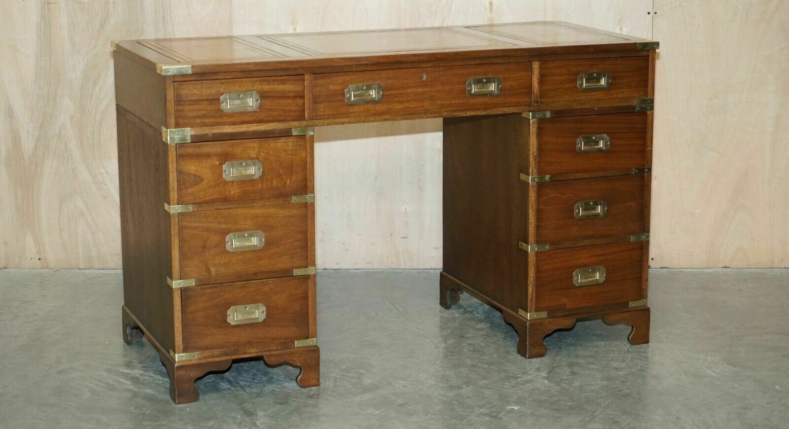 Fully Restored Harrods Kennedy Brown Leather Military Campaign Pedestal Desk photo furniture