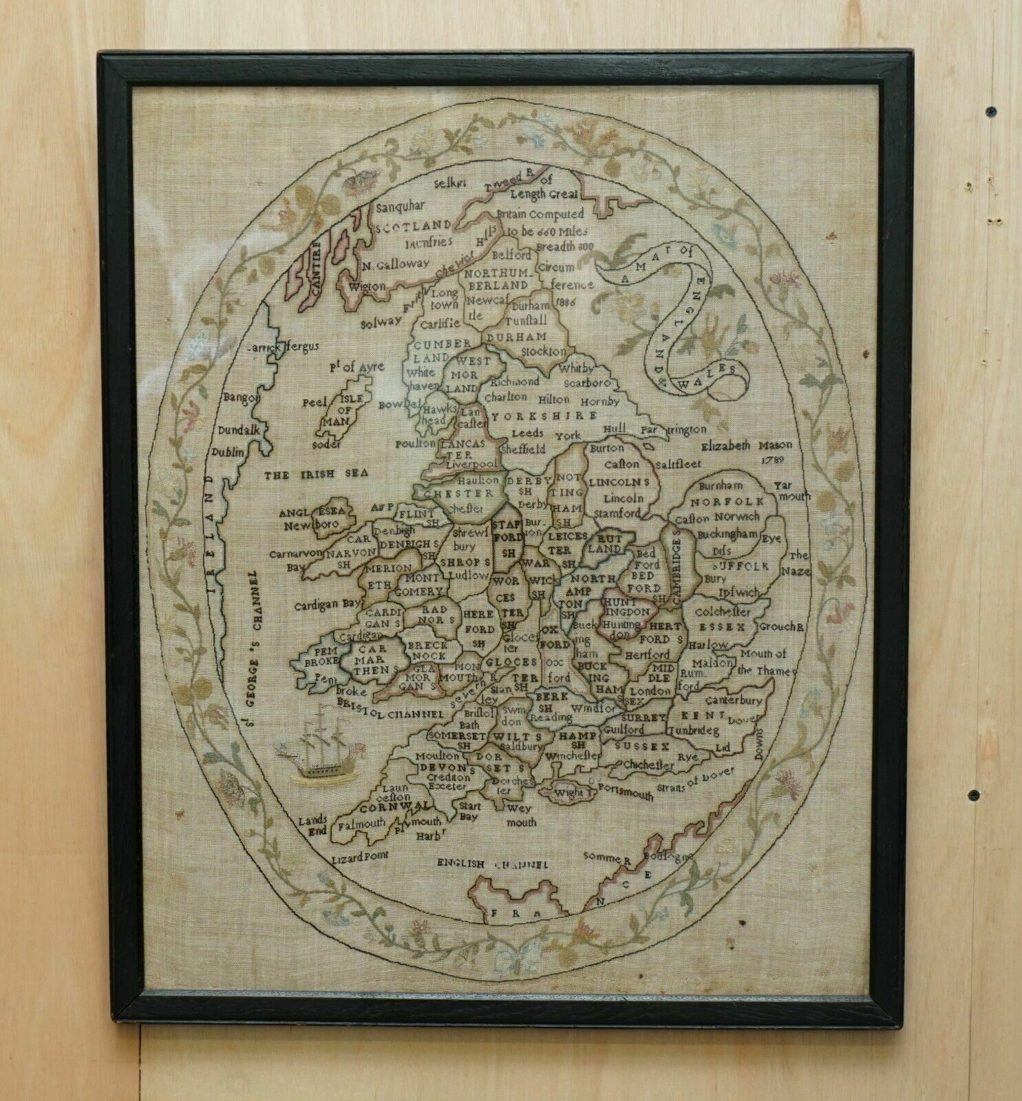 Antique Elizabeth Mason Signed 1789 George II Needlework Sampler Map Of England