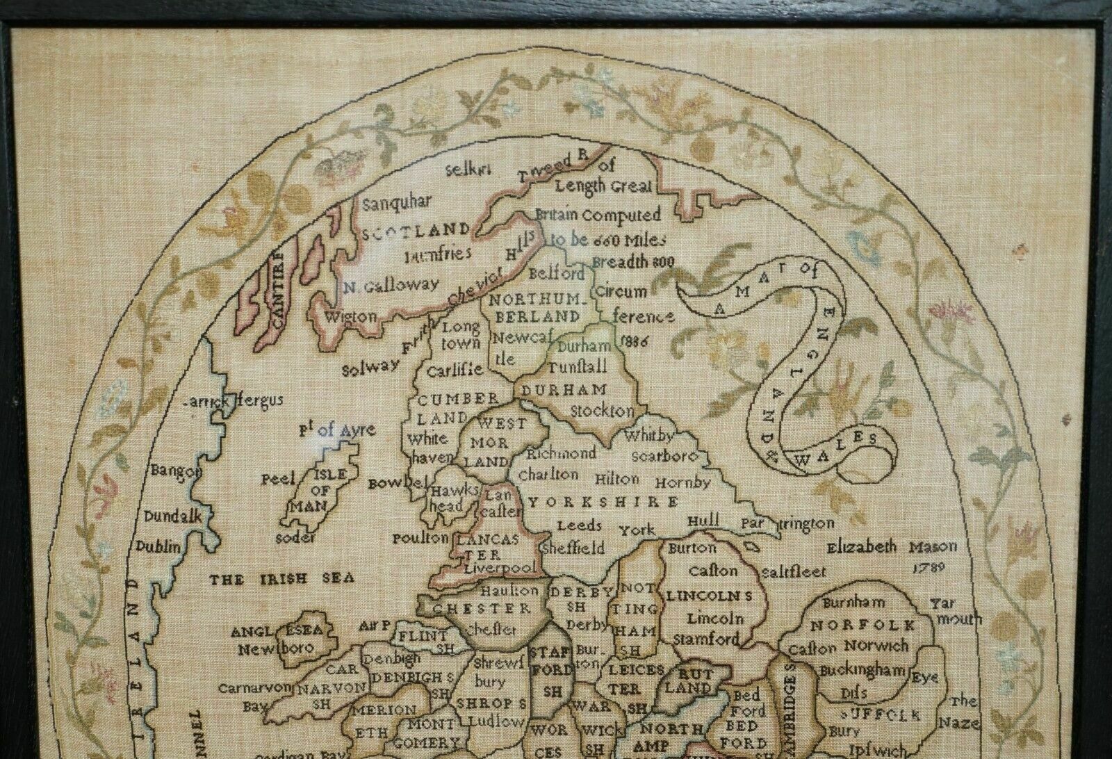 Antique Elizabeth Mason Signed 1789 George II Needlework Sampler Map Of England photo vinterior