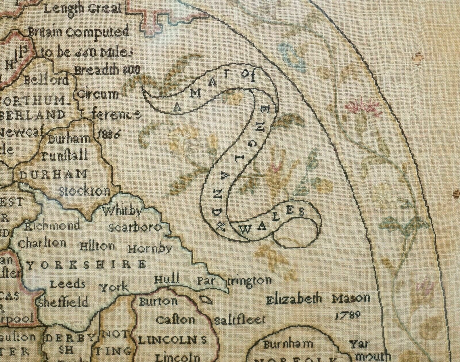 photo for sale Antique Elizabeth Mason Signed 1789 George II Needlework Sampler Map Of England