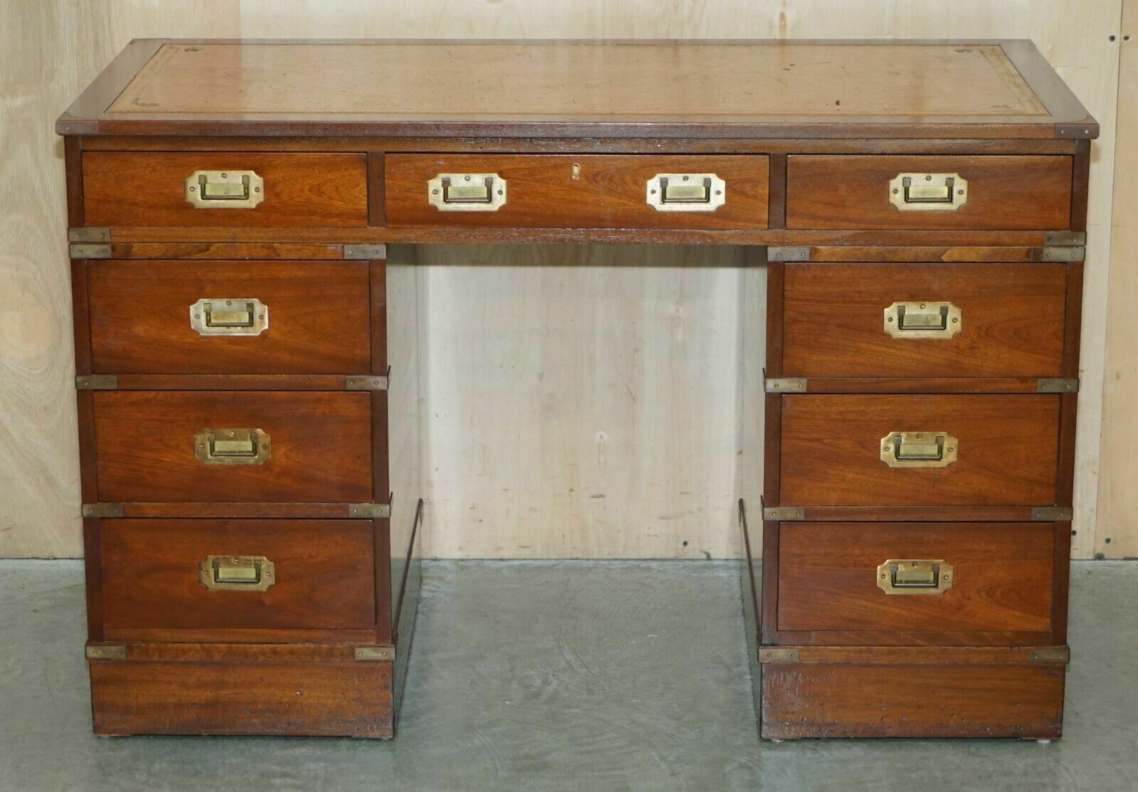 Vintage Restored Harrods Kennedy Brown Leather Military Campaign Pedestal Desk photo for sale