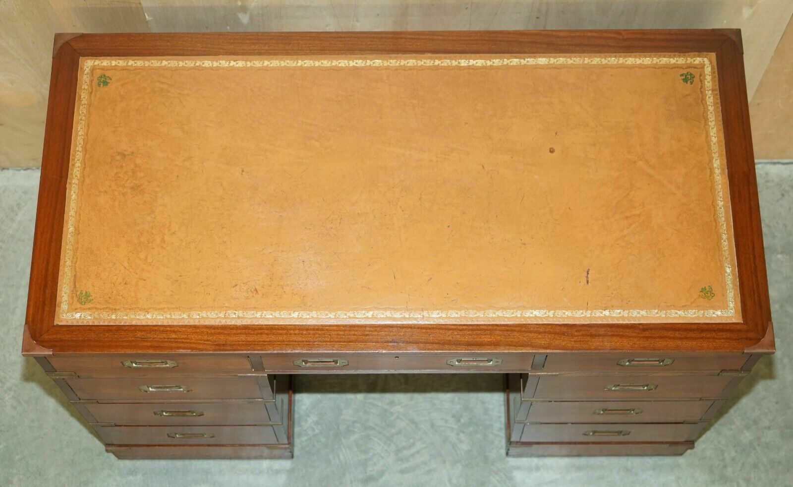 photo for sale Vintage Restored Harrods Kennedy Brown Leather Military Campaign Pedestal Desk