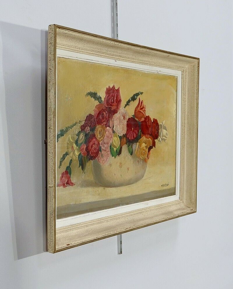 Large Painting "Still Life With A Bouquet Of Flowers" Signed Obligi, Early 20th Century photo for sale