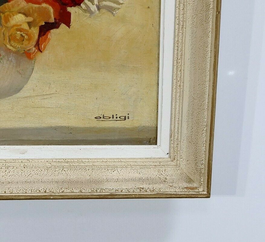 photo vintage Large Painting "Still Life With A Bouquet Of Flowers" Signed Obligi, Early 20th Century