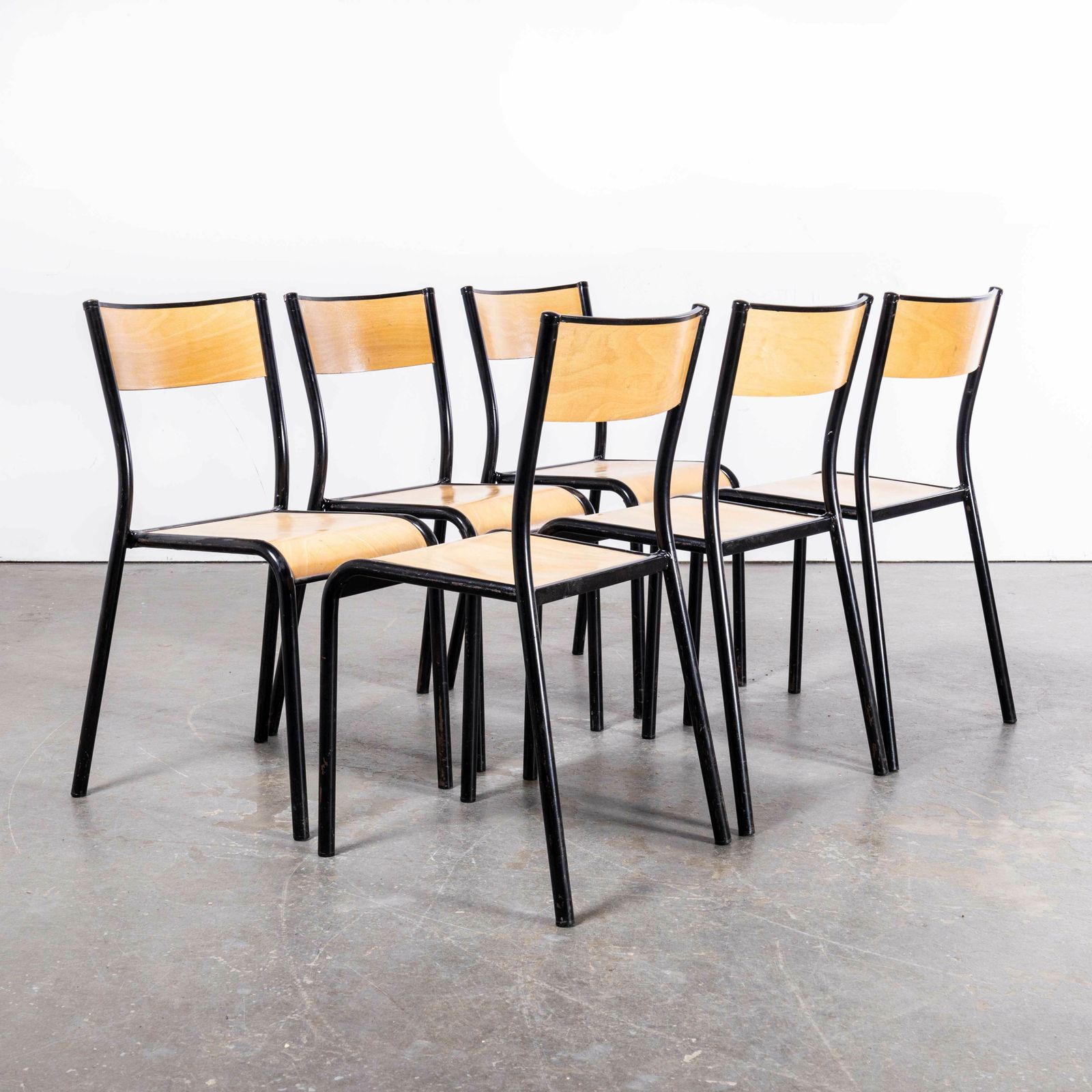 1950’s French Mullca Stacking School – Dining Chairs – Black Model 510 – Set Of Six photo for sale
