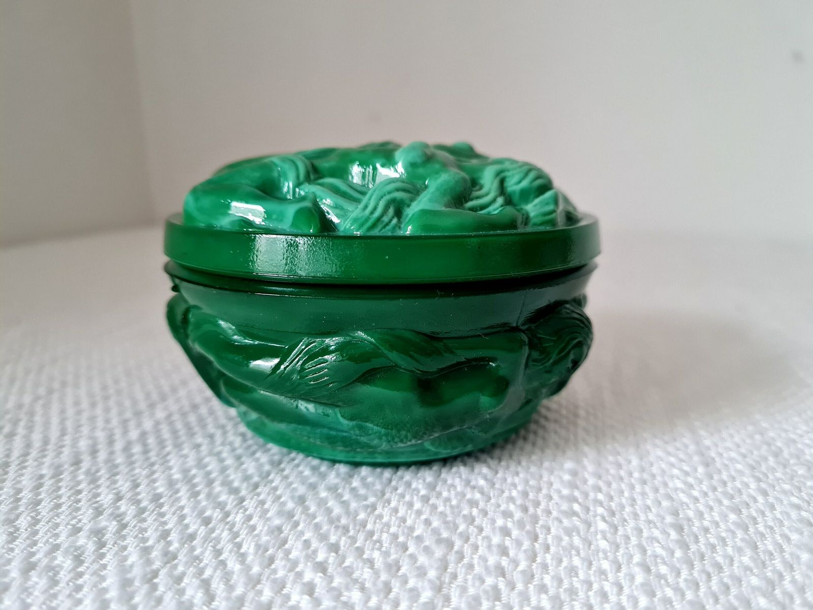 Art Deco Malachite Glass Jewelry Box Powder Box Schlevogt Ingrid Design Czech Bohemian Glass photo for sale