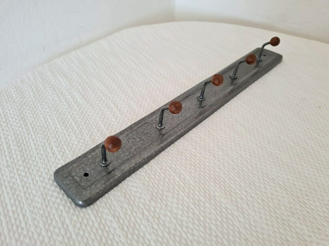 Vintage Metal Wall Hanger 5 Hooks With Wooden Balls Mid Century Coat Hanger Wall Panel photo Furniture