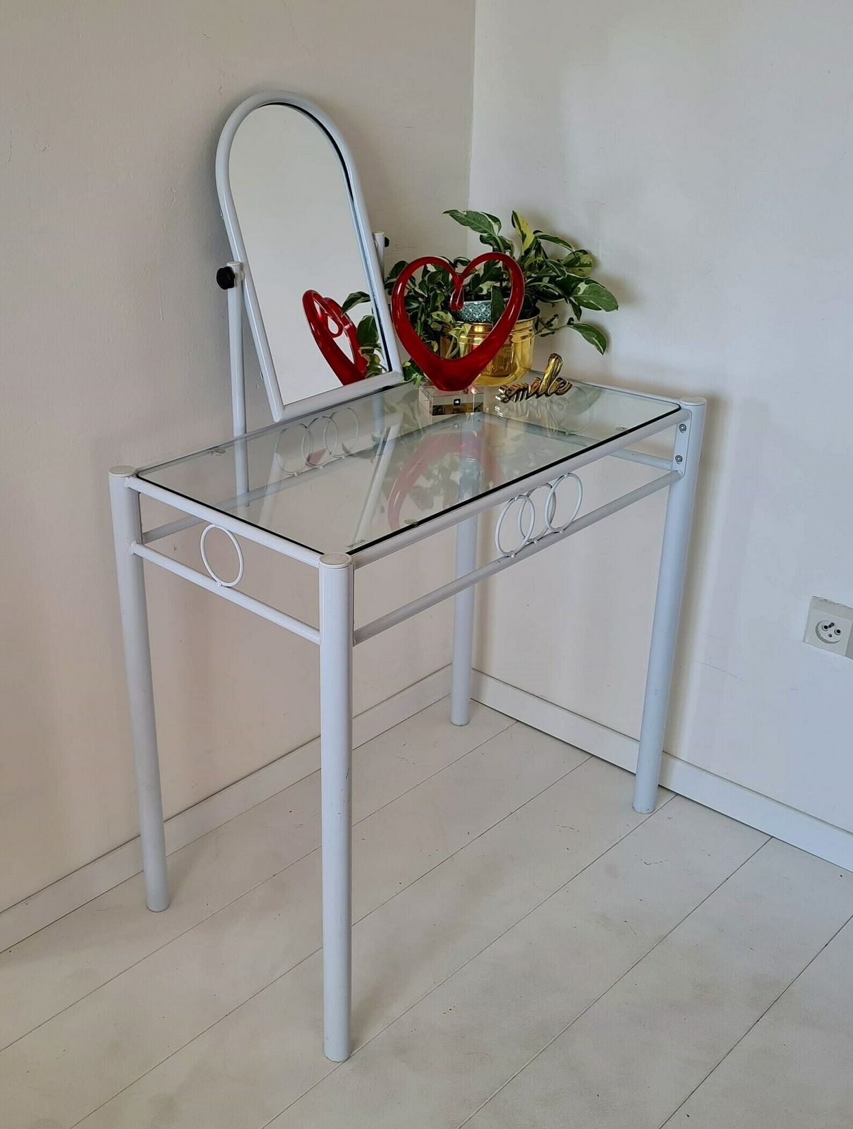 photo furniture Vintage Mid Century Dressing Table With Mirror Metal And Glass сhair Not Included