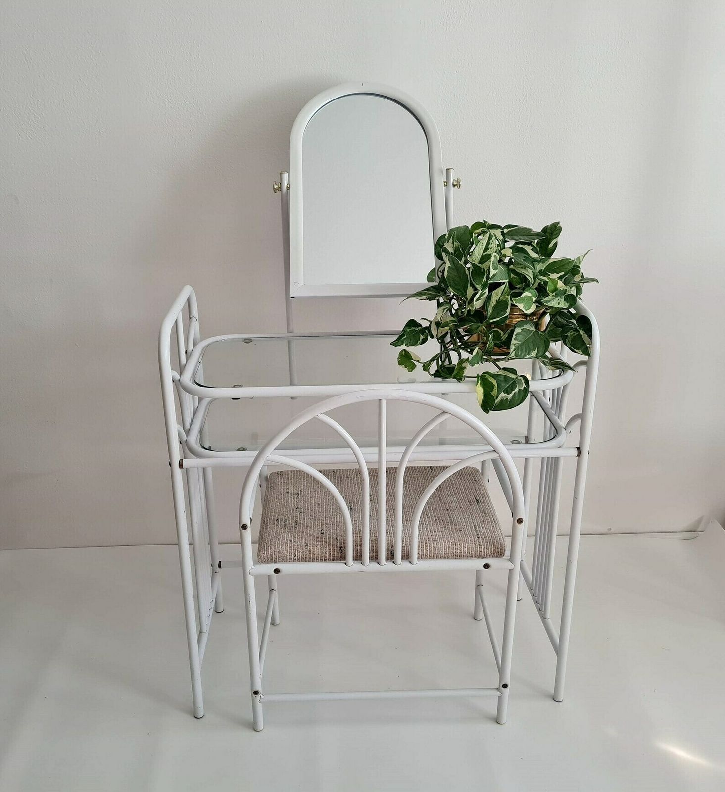 Vintage Mid Century Dressing Metal And Glass Table With Mirror And Stool 80s photo for sale