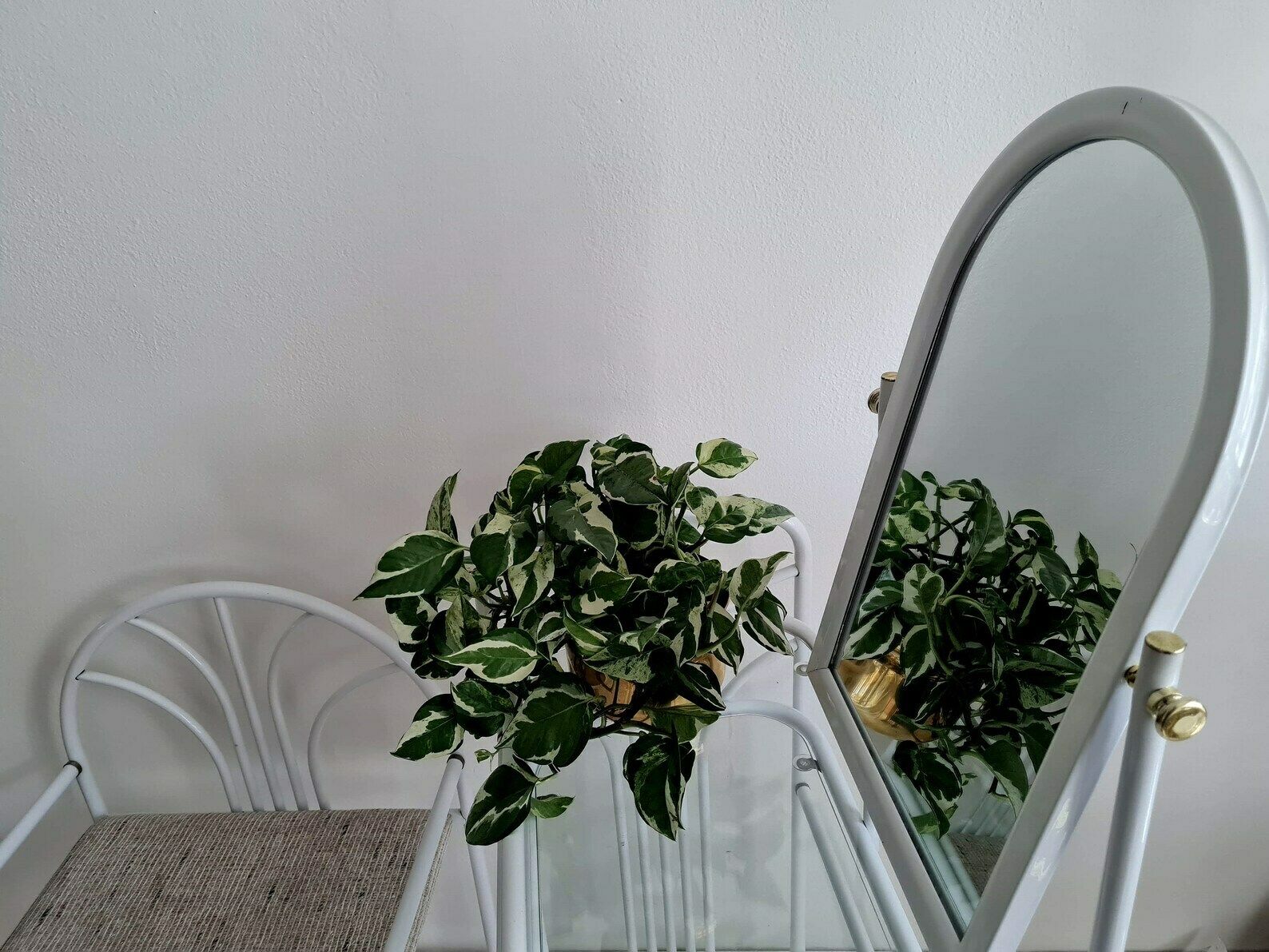 Vintage Mid Century Dressing Metal And Glass Table With Mirror And Stool 80s photo vintage