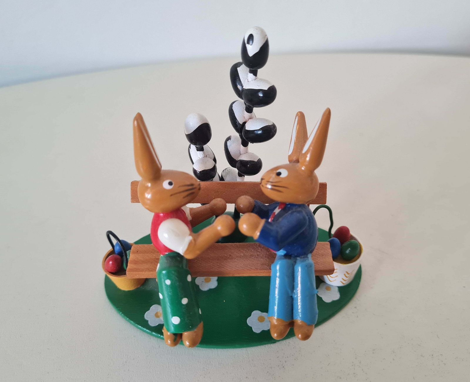 photo for sale Vintage Scene Of 2 Easter Bunnies German Wooden Decoration Erzgebirge Folk Art Hand Painted Made In East Germany