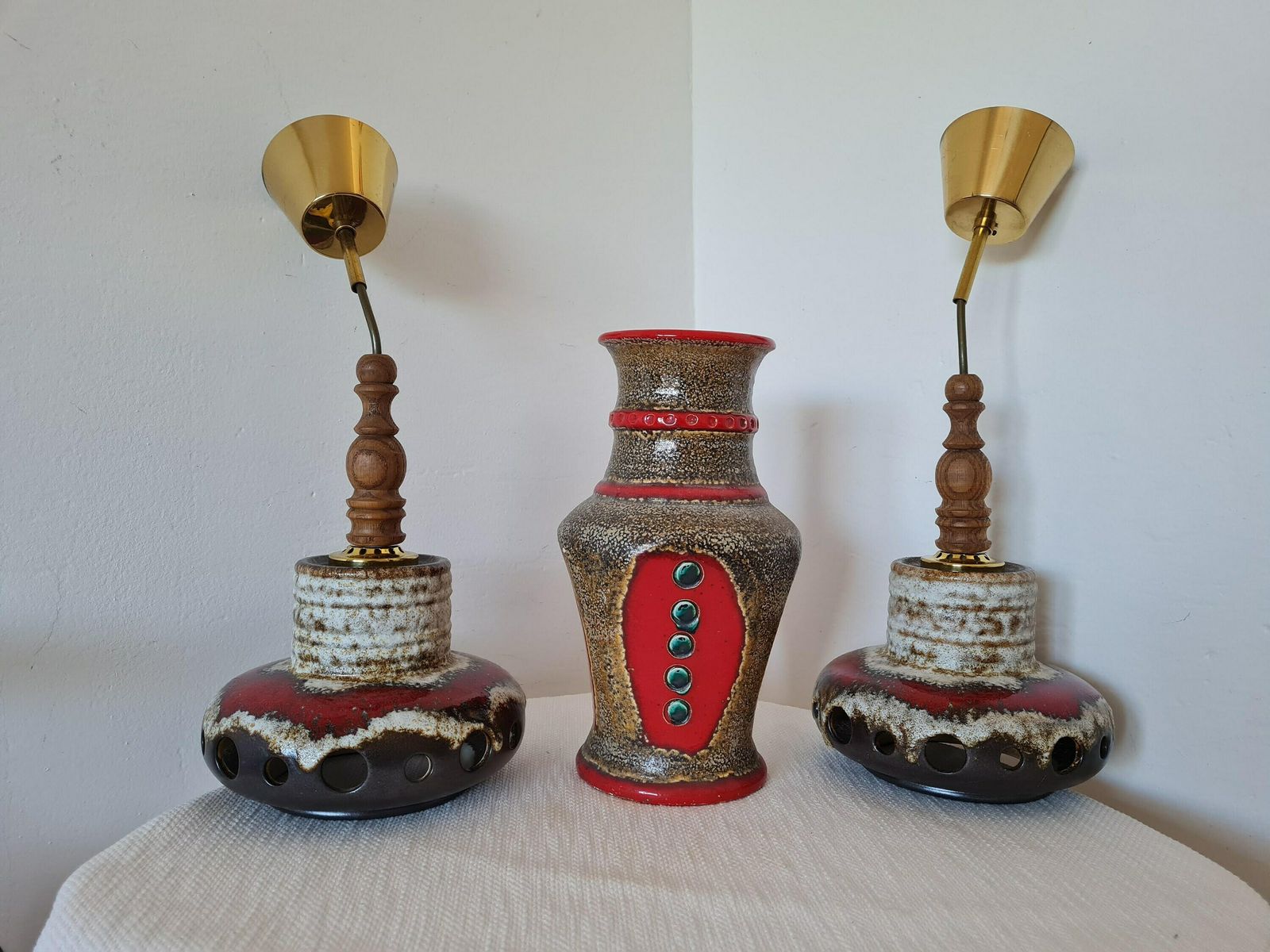 photo for sale Vintage One Of Two Pendant Lamps Hand Made Fat Lava Herda Gdr Design 70s