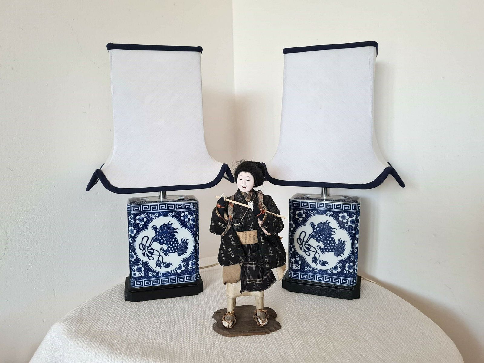 Vintage A Pair Of Beautiful Chinese Lamps With Ceramic Bases And Cotton Shades photo for sale